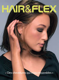 Page de couverture de la brochure de perruque HAIR&FLEX avec une femme portant une perruque (en gros plan) et le texte 